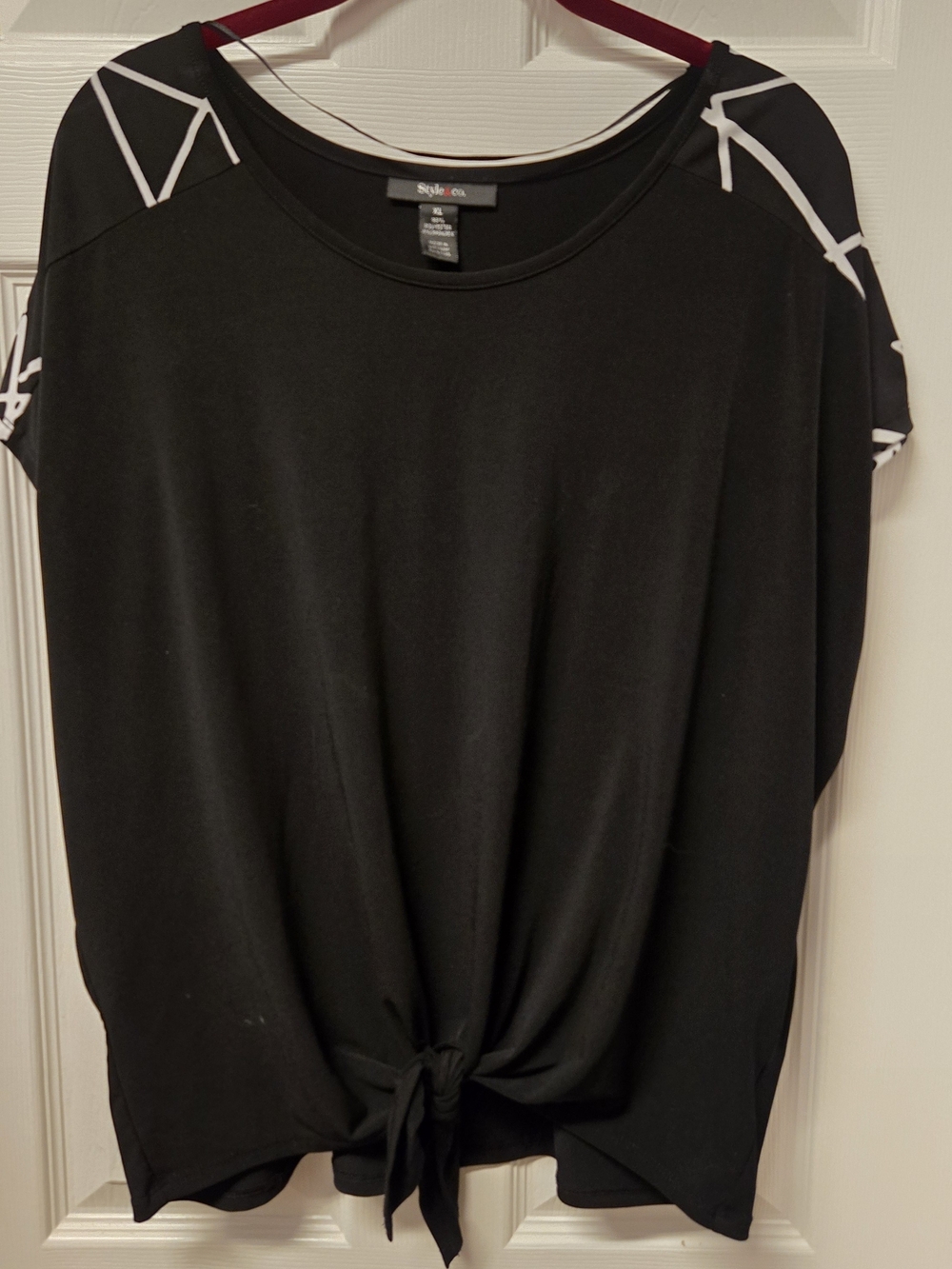 Style & Co. Black Short Sleeve Tie-Front Top with White Accent